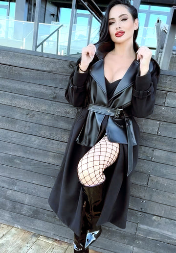 WOMEN’S CASHMERE & FAUX LEATHER BELTED COAT GARDA — BLACK