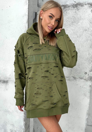WOMEN’S DESIGNER DISTRESSED LONG HOODIE — OLIVE DESTRA