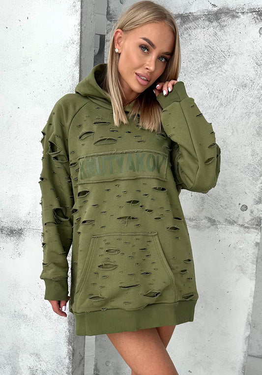 WOMEN’S DESIGNER DISTRESSED LONG HOODIE — OLIVE DESTRA