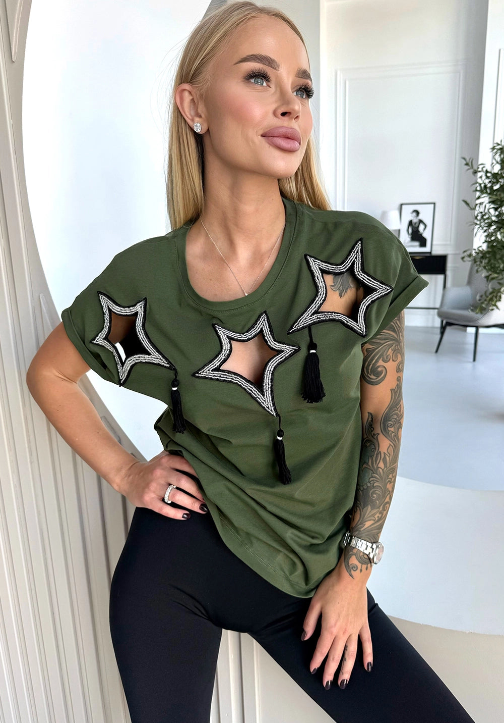 Women’s Stars Beaded T-Shirt Khaki
