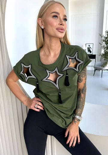 Women’s Stars Beaded T-Shirt Khaki