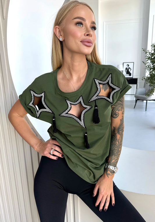 Women’s Stars Beaded T-Shirt Khaki