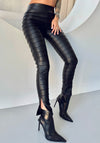 WOMEN’S RIBBED FAUX LEATHER SLIT LEGGINGS LINES — BLACK