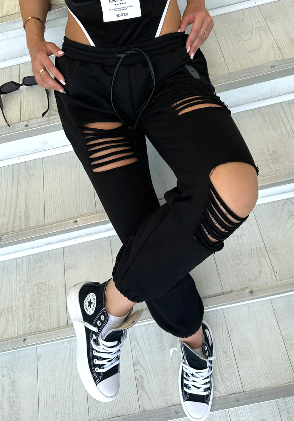 Women’s Ragged Cut-Out Joggers — Black