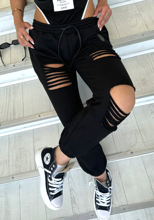 Women’s Ragged Cut-Out Joggers — Black