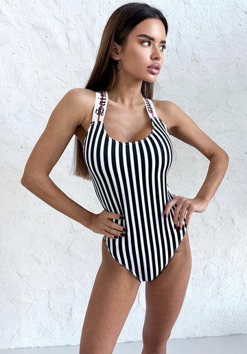 Women’s Swimsuit Saints One-Piece – Black & White Stripe