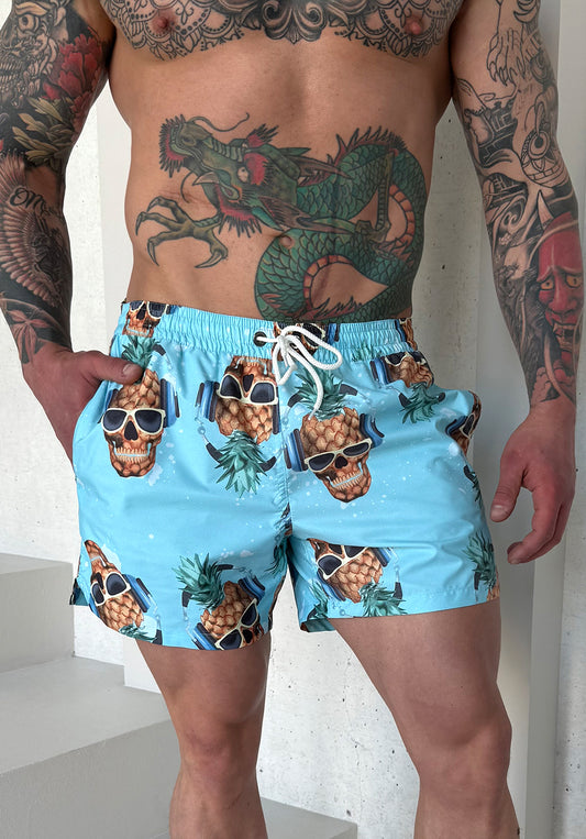 Men’s Swimshorts Pineapple Skulls – Light Blue