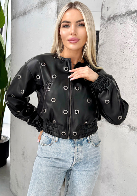 Women’s Faux Leather Bomber Jacket – Metal Rings
