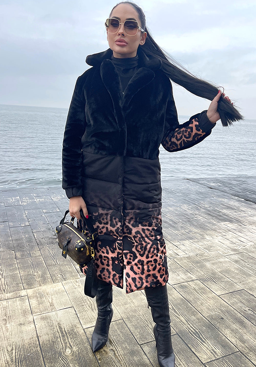 WOMEN’S ECO FUR COAT LEO — BLACK/LEOPARD