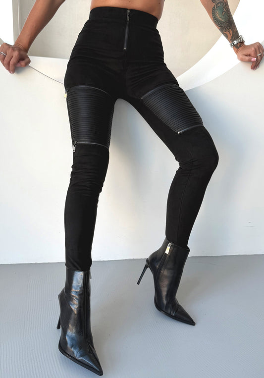 WOMEN’S SUEDE & FAUX LEATHER ZIP LEGGINGS LEATHER 4 — BLACK
