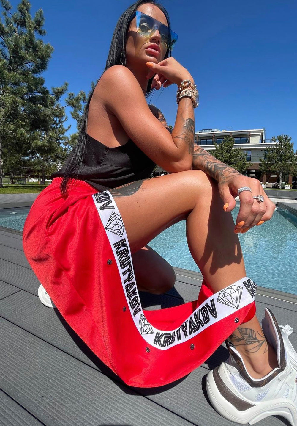 Women’s Front Snap Track Joggers Strip Diamonds — Red