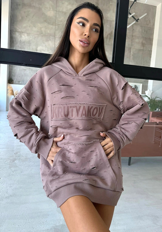 WOMEN’S DESIGNER DISTRESSED LONG HOODIE — MAUVE