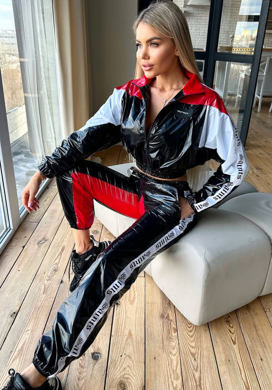 Women’s Shiny PVC Tracksuit – MNKLLY Red