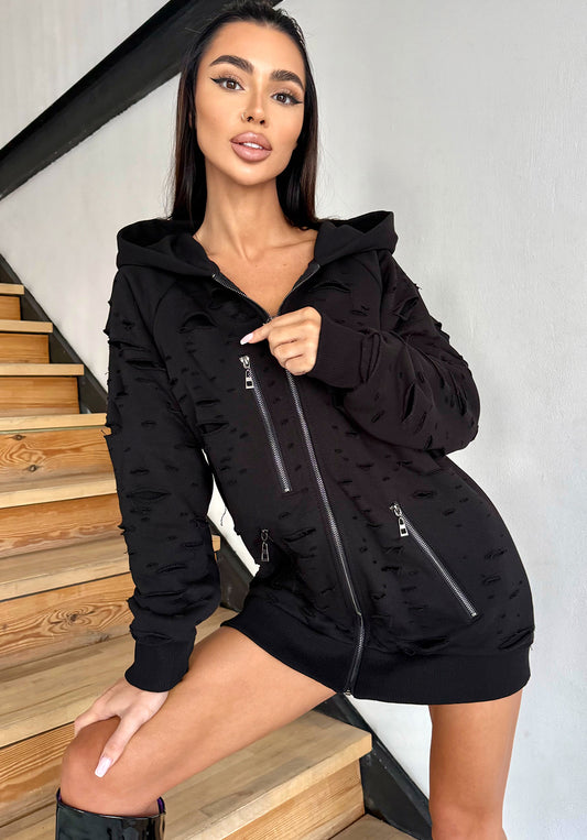 Women’s Designer Distressed Hoodie Destra Zipper — Black