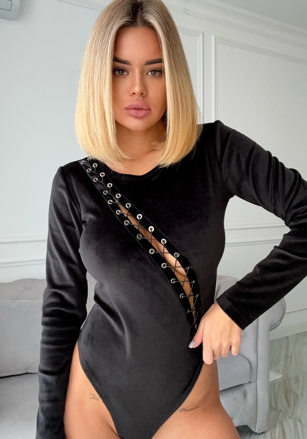 Women’s Bodysuit Maya Velour Lace-Up Black