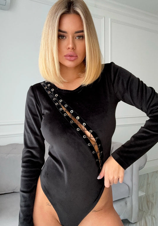 Women’s Bodysuit Maya Velour Lace-Up Black