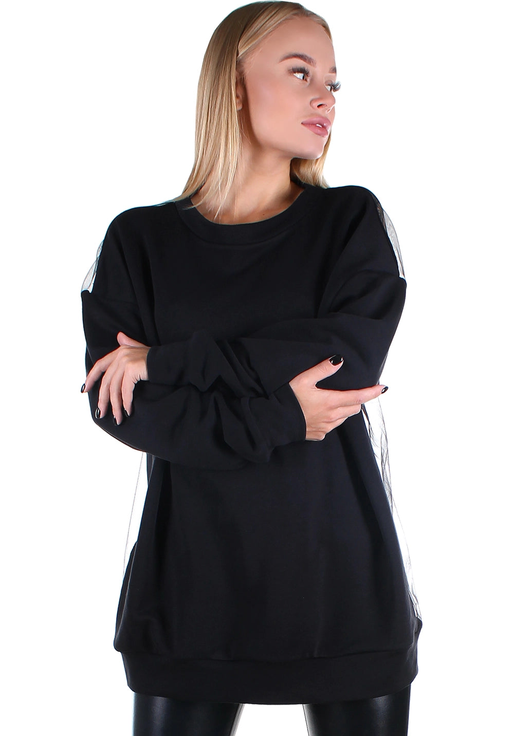 Women’s Sweatshirt Oversize Mesh Back — Basic Babes Black