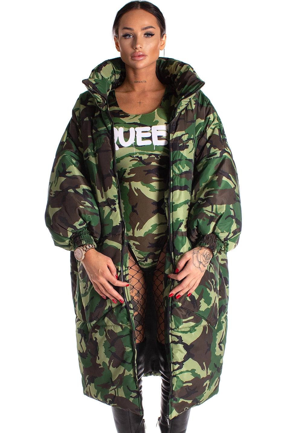 Women’s Oversized Winter Puffer Coat – Camo Queen