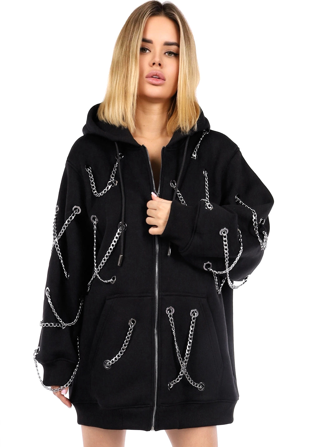 Women’s Hoodie — Black Metal Chain Design