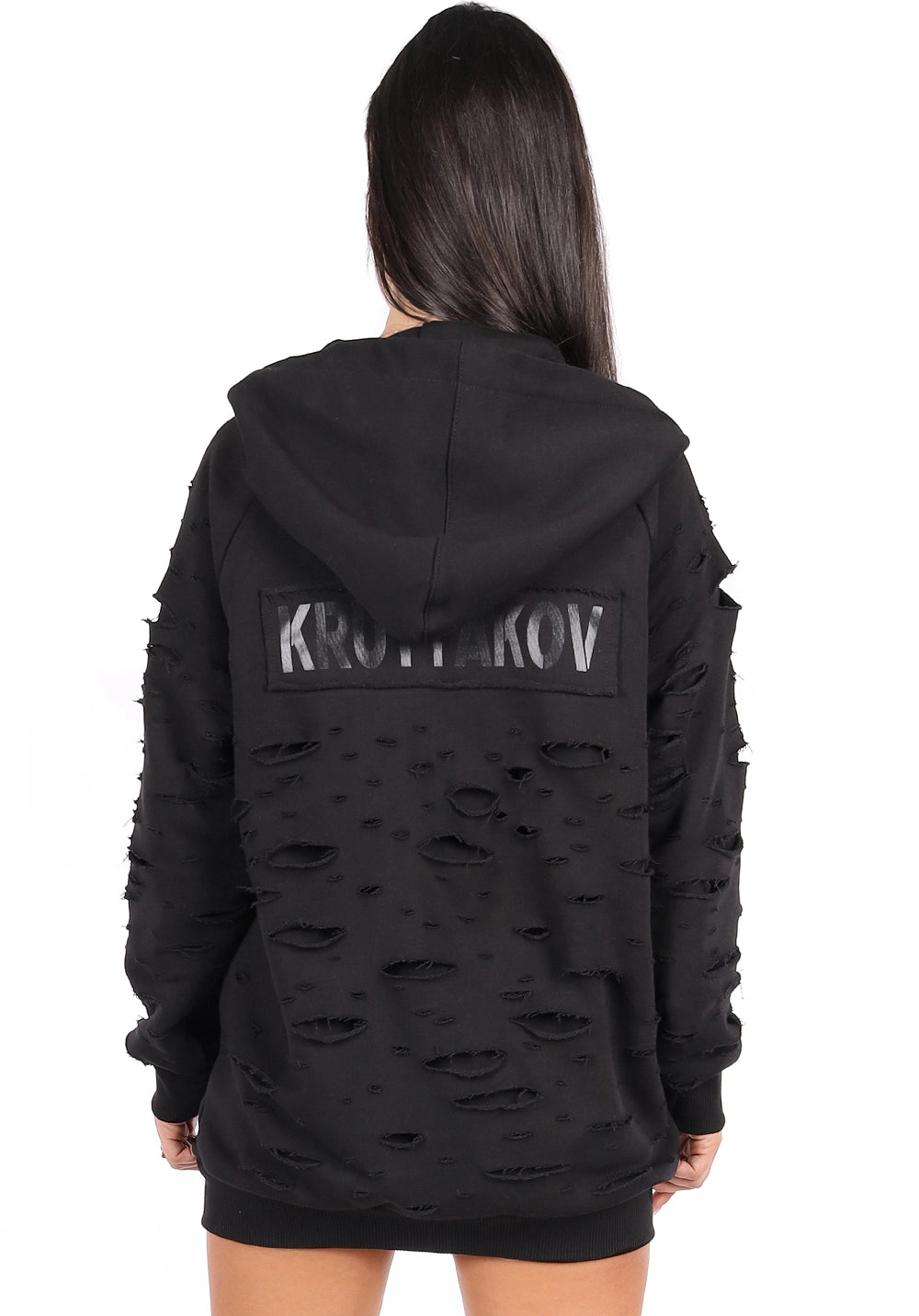 Women’s Designer Distressed Hoodie Destra Zipper — Black