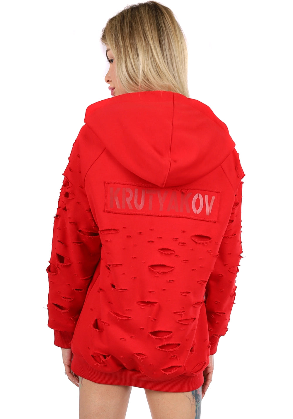 Women’s Designer Distressed Hoodie Destra Zipper — Red