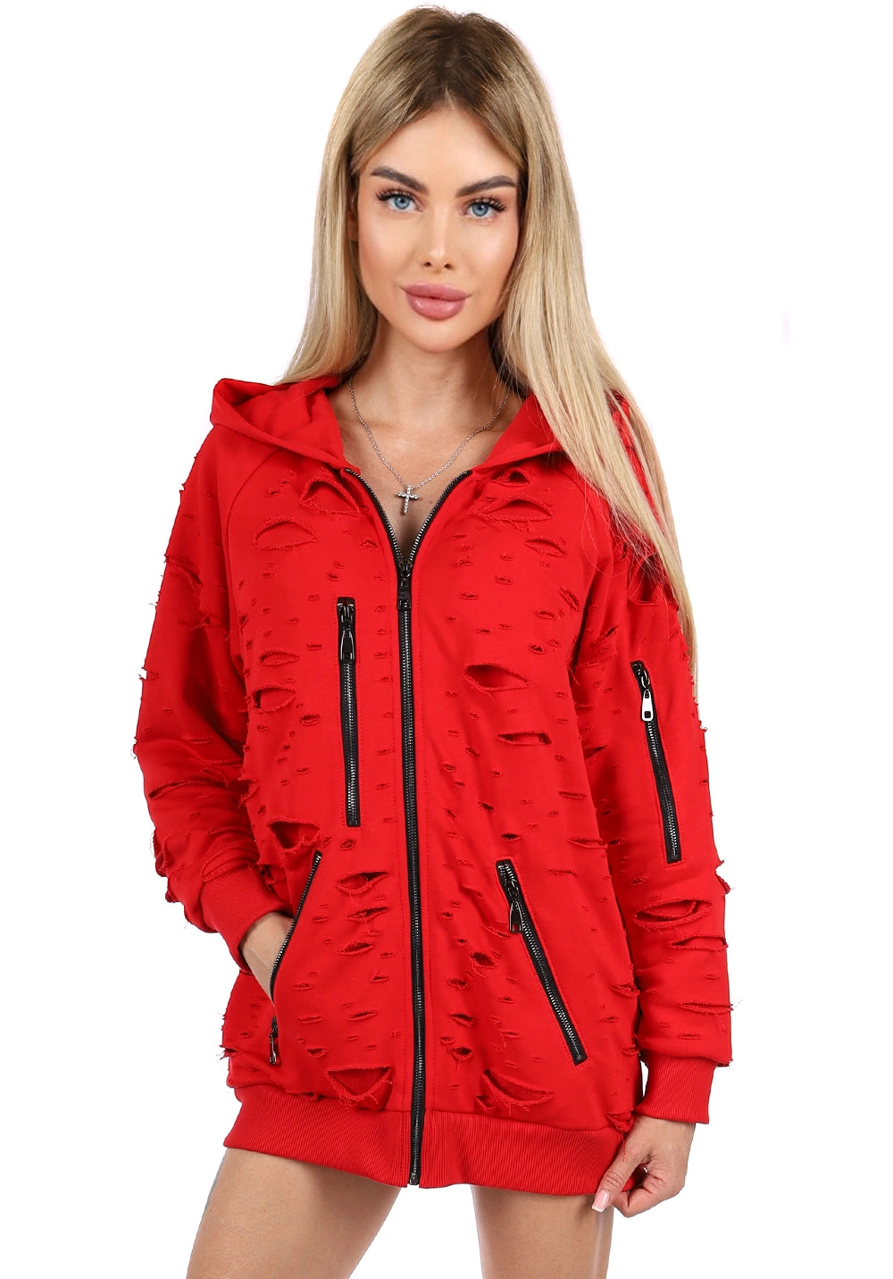 Women’s Designer Distressed Hoodie Destra Zipper — Red