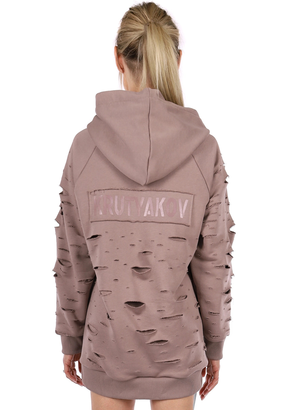 WOMEN’S DESIGNER DISTRESSED LONG HOODIE — MAUVE