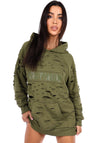 WOMEN’S DESIGNER DISTRESSED LONG HOODIE — OLIVE DESTRA