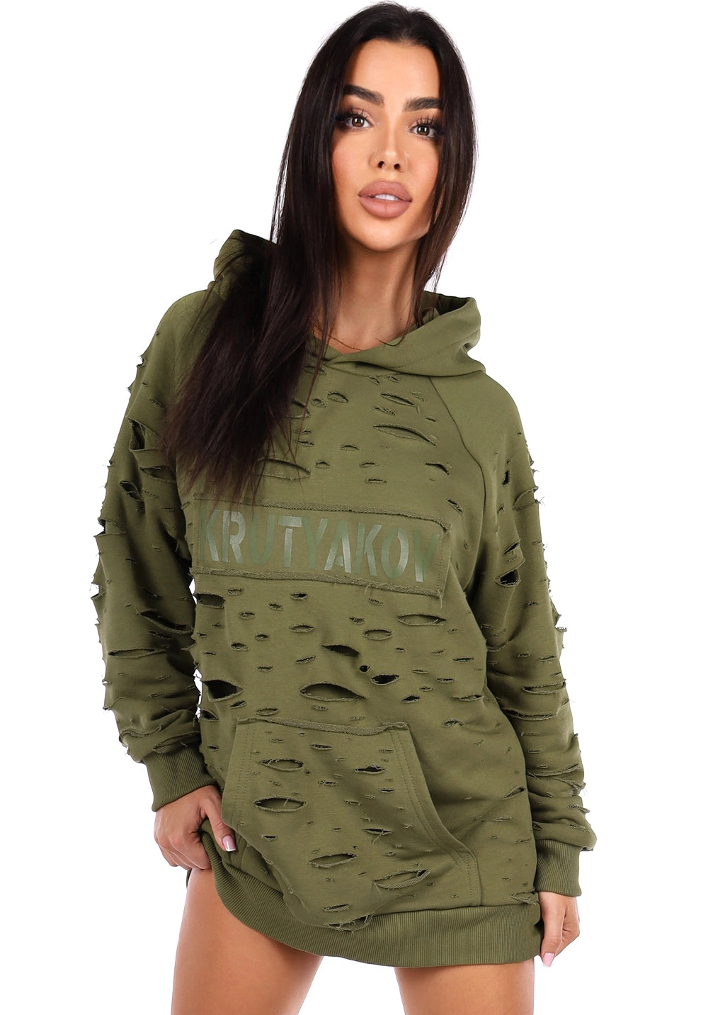 WOMEN’S DESIGNER DISTRESSED LONG HOODIE — OLIVE DESTRA