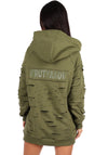 WOMEN’S DESIGNER DISTRESSED LONG HOODIE — OLIVE DESTRA