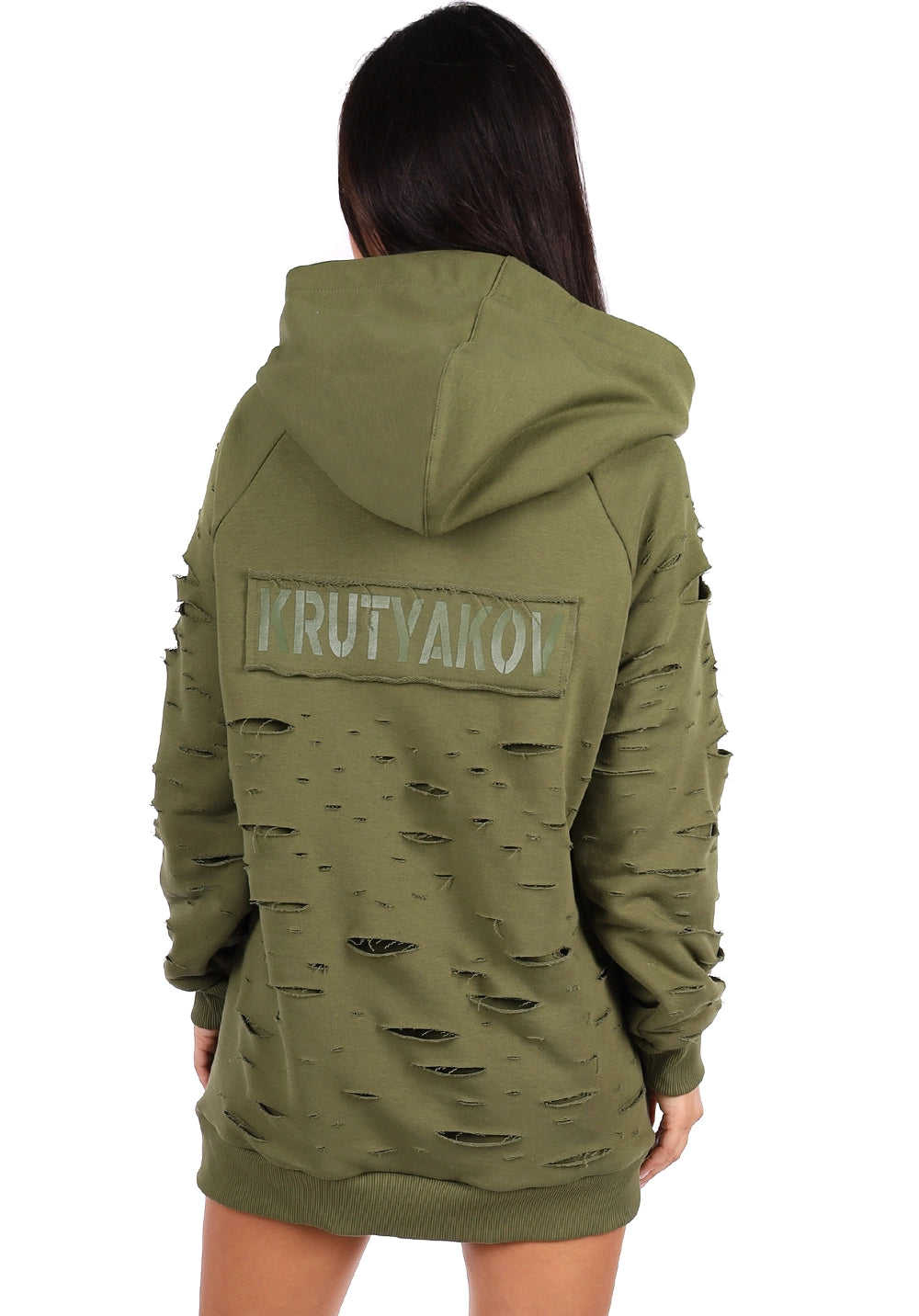 WOMEN’S DESIGNER DISTRESSED LONG HOODIE — OLIVE DESTRA