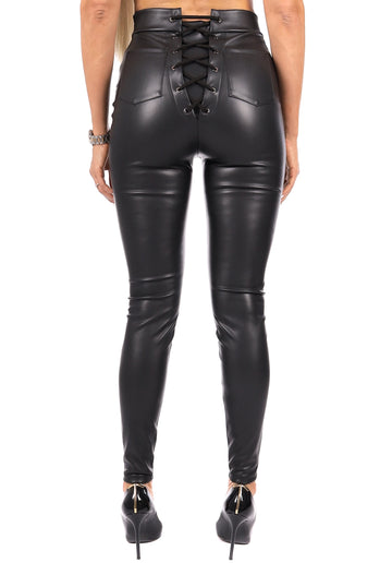 WOMEN’S LACE-UP FAUX LEATHER LEGGINGS DOMINGA — BLACK
