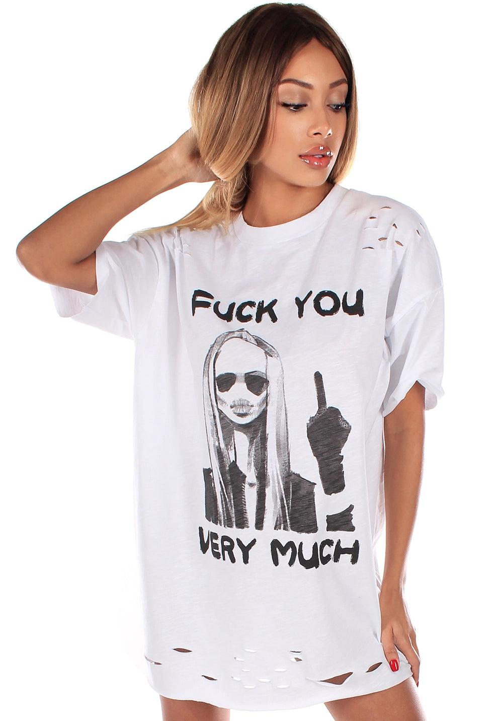 Women’s Distressed Oversize T-Shirt Fuck You Very Much White