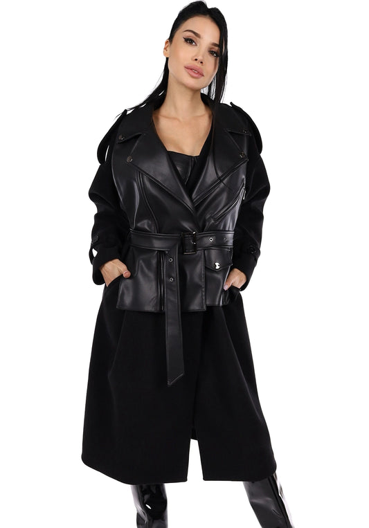 WOMEN’S CASHMERE & FAUX LEATHER BELTED COAT GARDA — BLACK