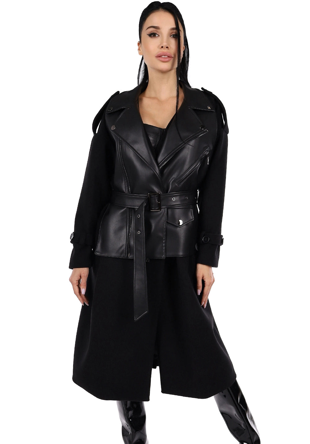 WOMEN’S CASHMERE & FAUX LEATHER BELTED COAT GARDA — BLACK
