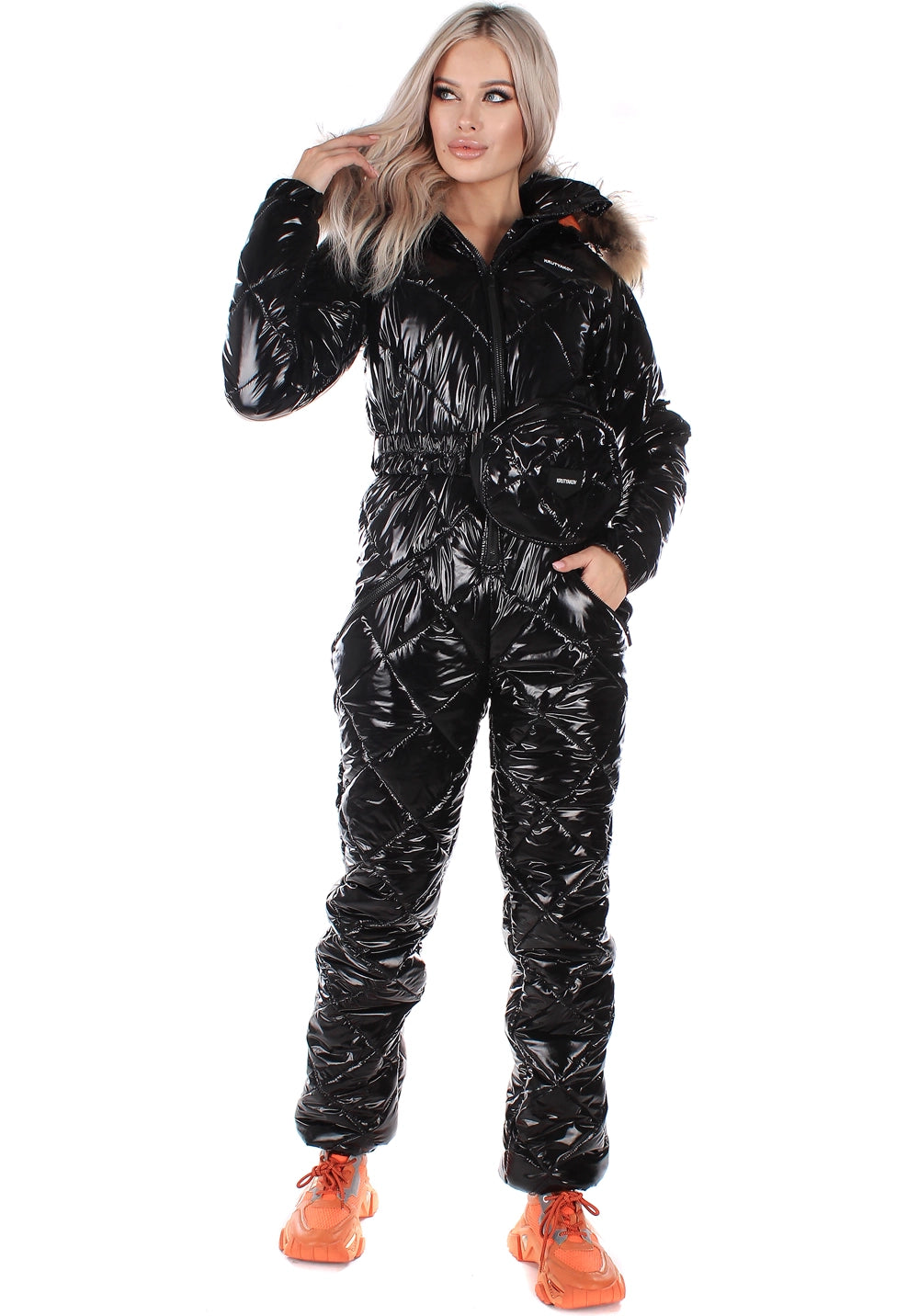 Women’s One Piece Ski Suit – Glossy Snow Suit Black Gloss