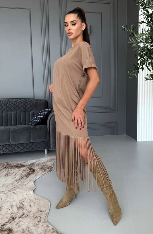 Women’s Fringe Knit Dress Indira Beige