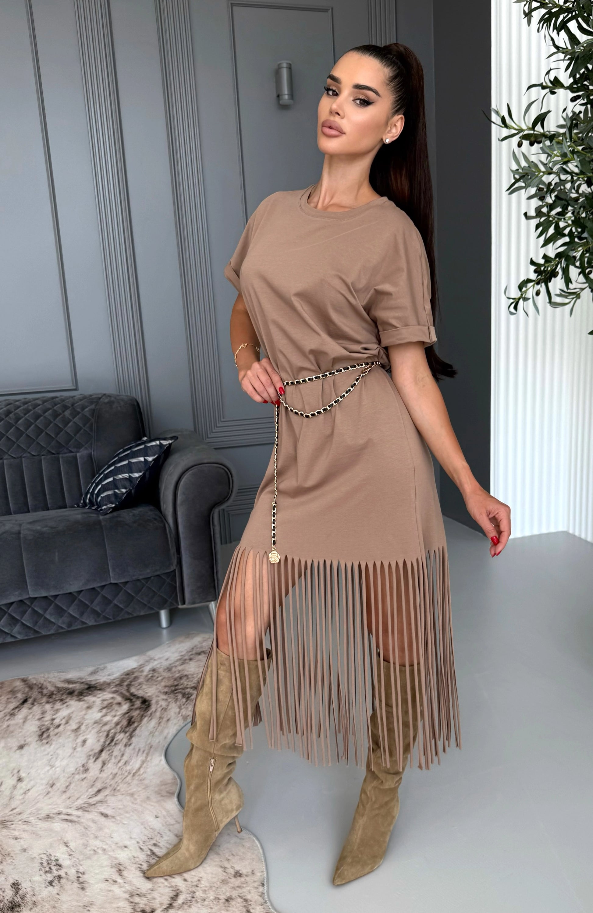 Women’s Fringe Knit Dress Indira Beige
