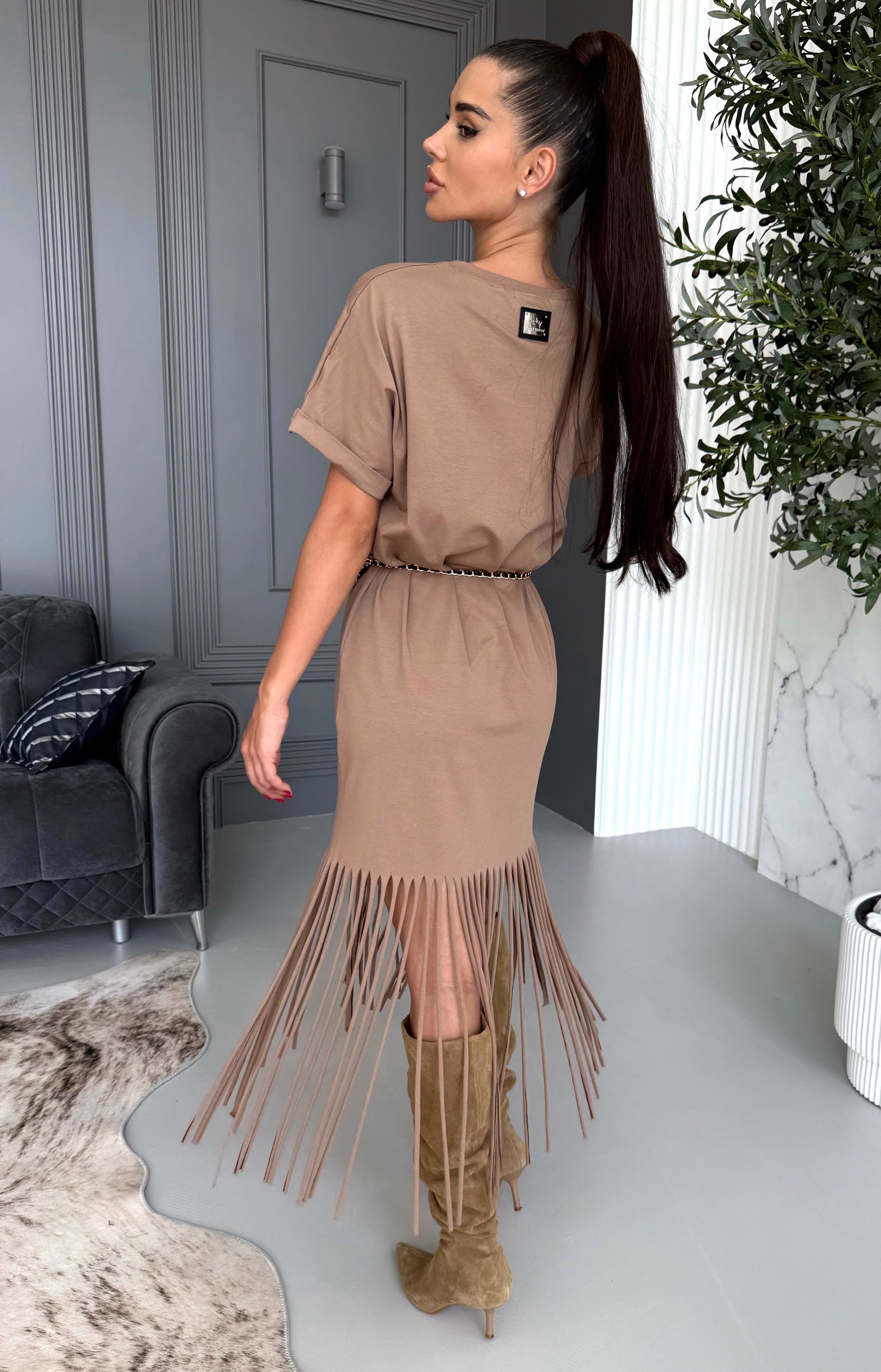 Women’s Fringe Knit Dress Indira Beige
