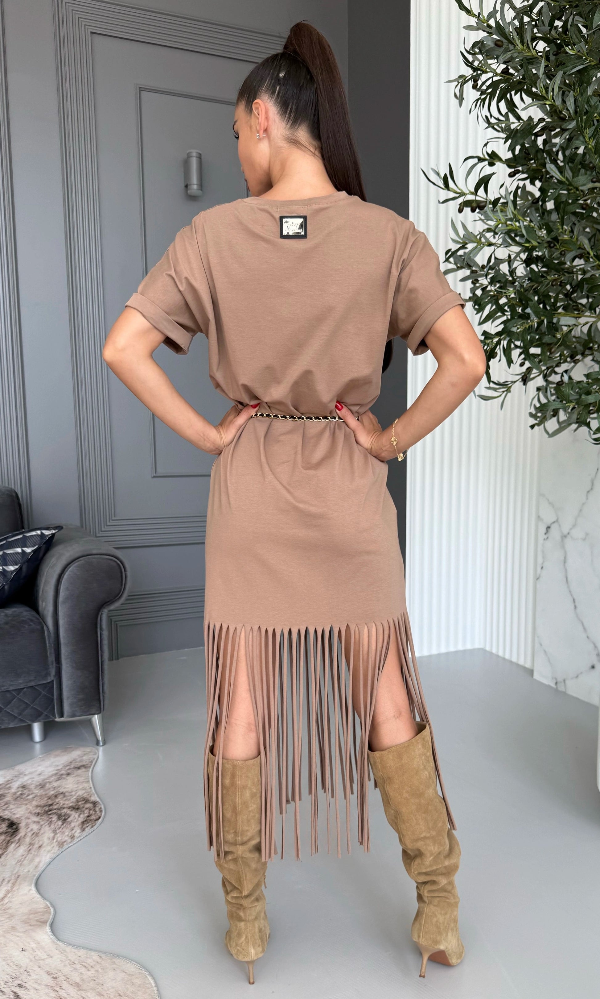 Women’s Fringe Knit Dress Indira Beige