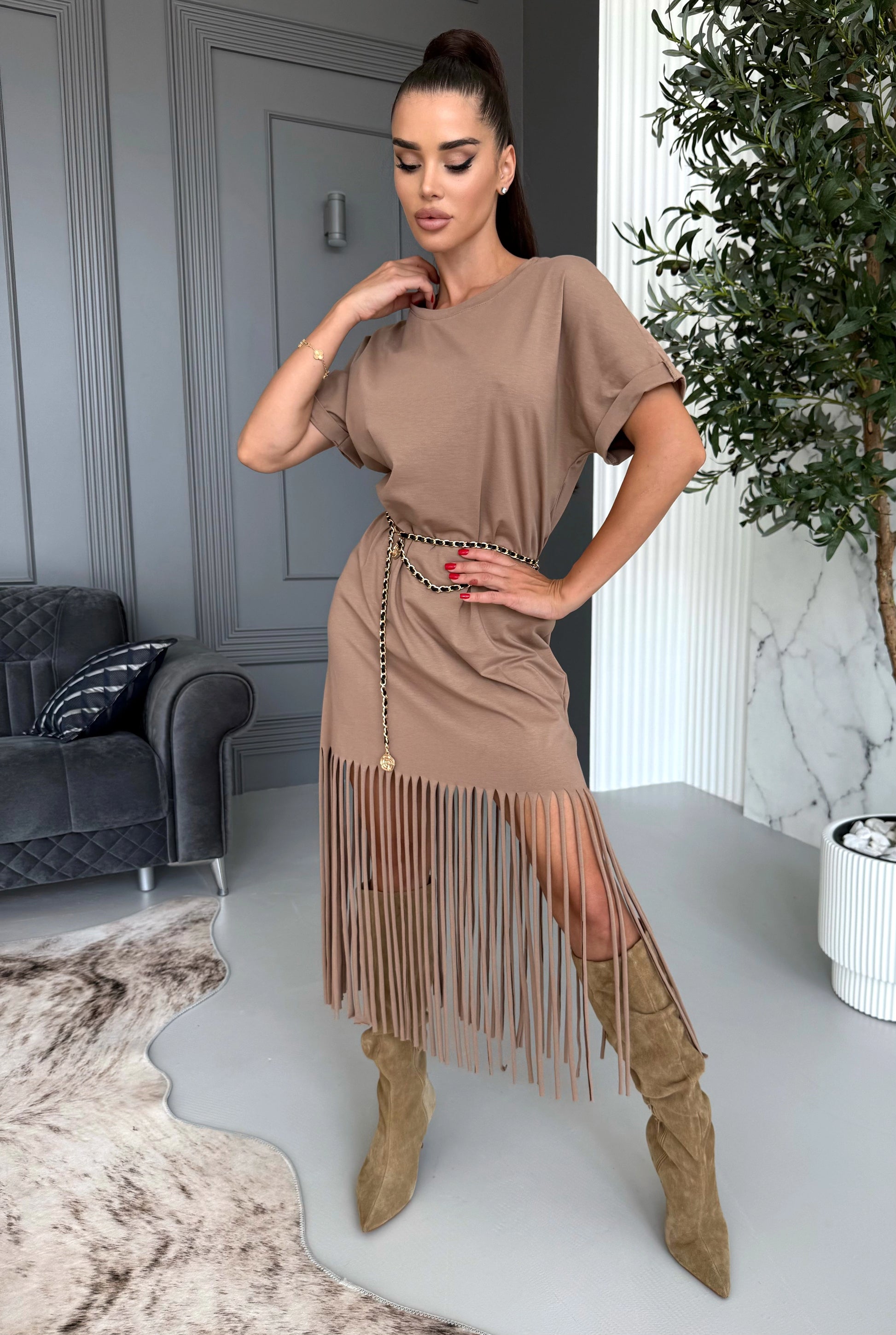 Women’s Fringe Knit Dress Indira Beige