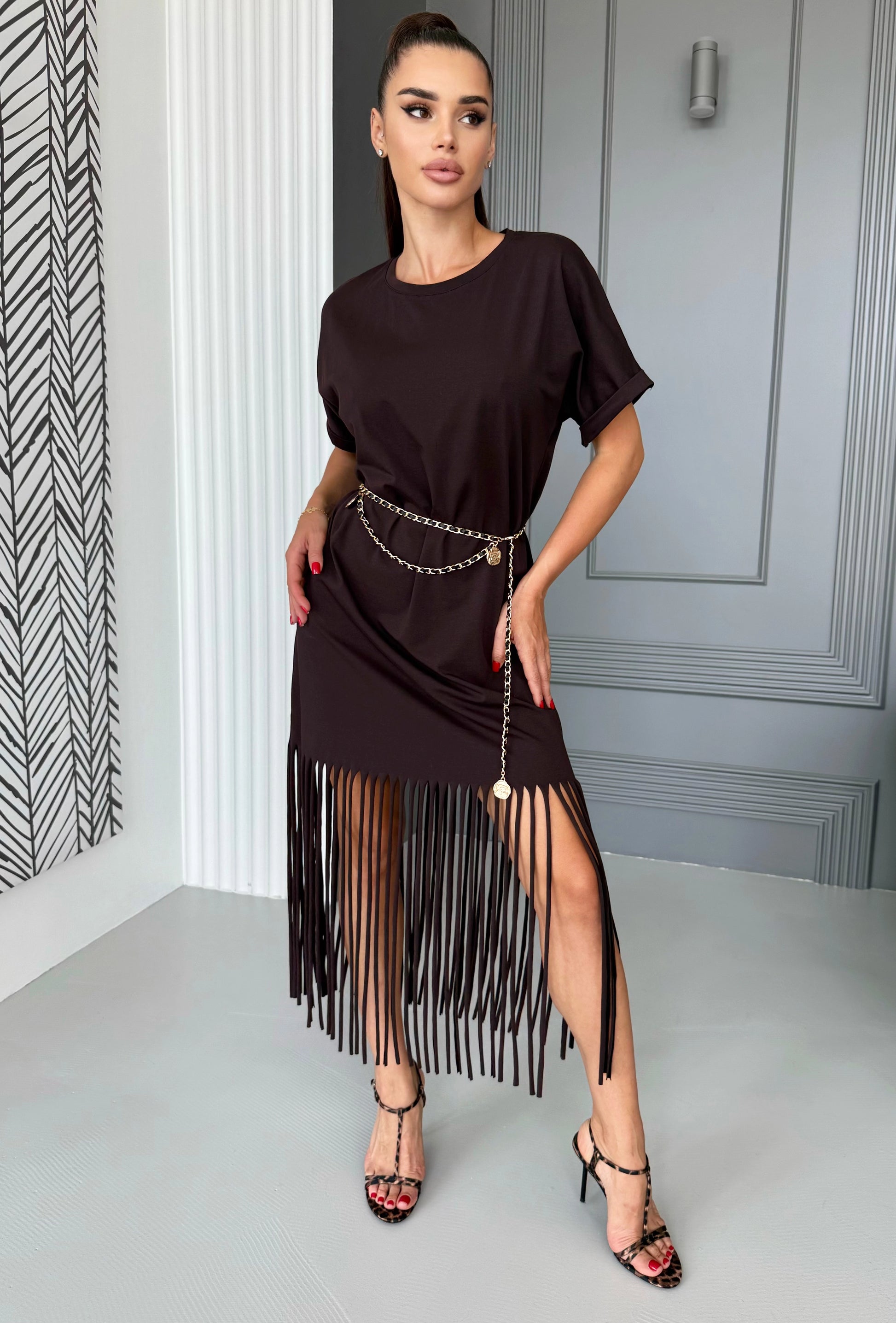 Women’s Fringe Knit Dress Indira Brown
