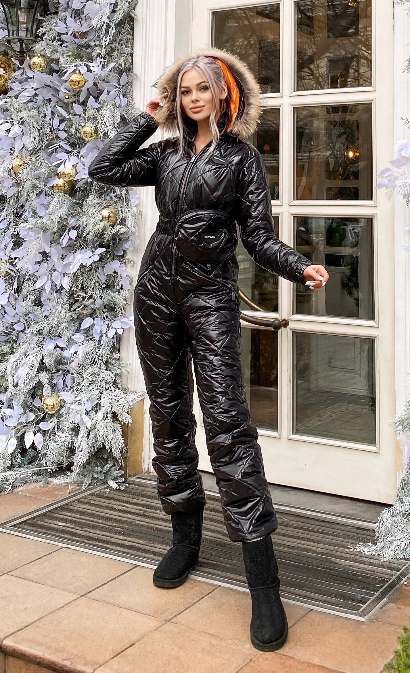Women’s One Piece Ski Suit – Glossy Snow Suit Black Gloss