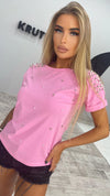 Women’s Pearl Embellished T-Shirt Pearls Pink