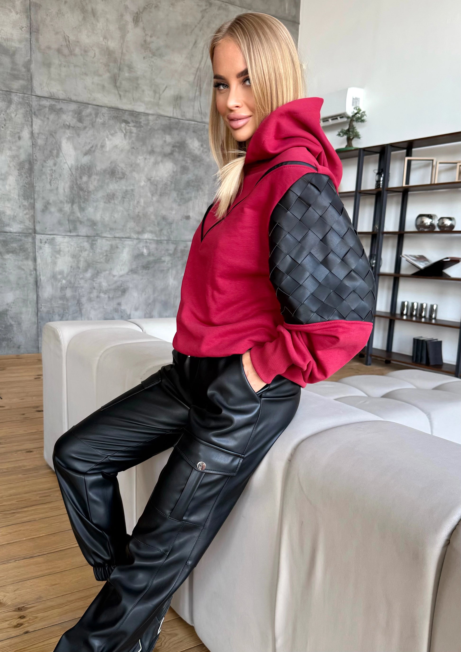 Women’s Designer Hoodie Leplex — Burgundy Leather Inserts