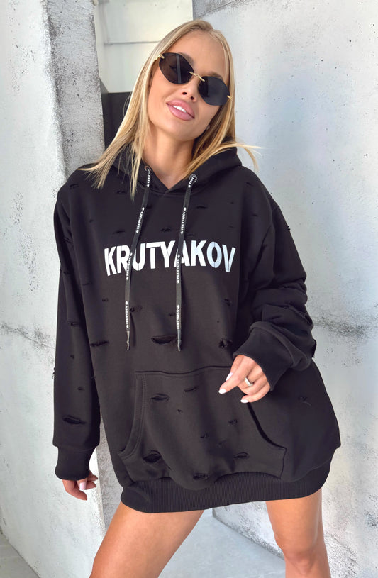 Women’s Oversized Hoodie Ragged — Black Distressed