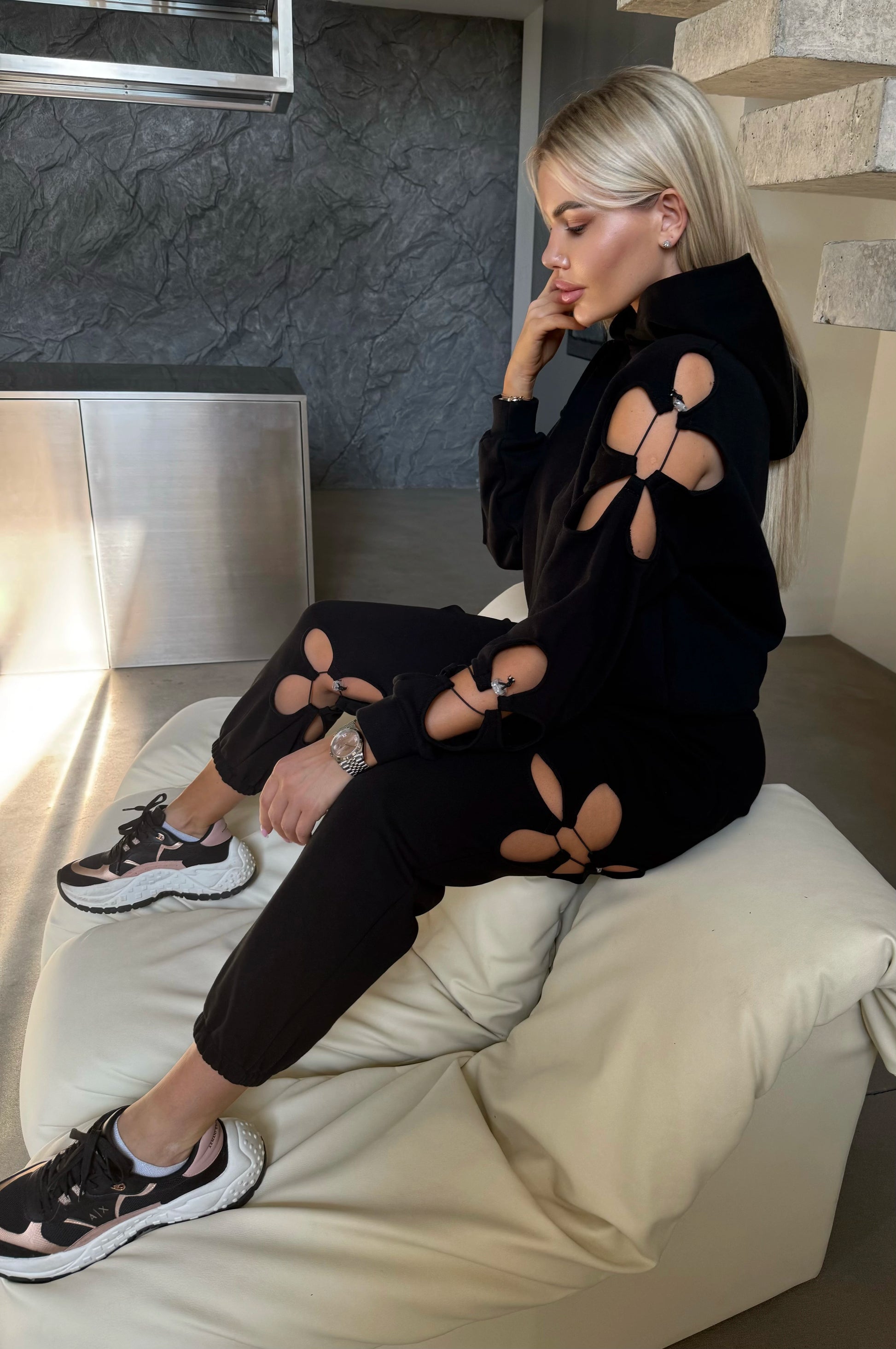 Women’s Flower Cut-Out Tracksuit — Daisy Black