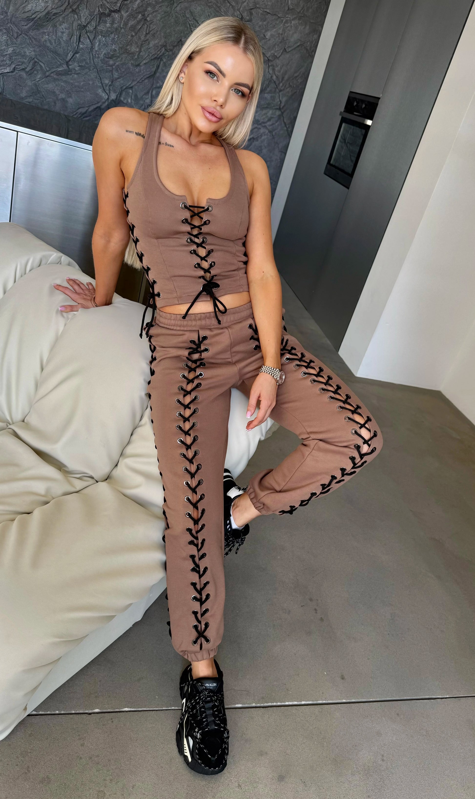 Women’s Beige Lace-Up Corset Tracksuit — Lacy Short