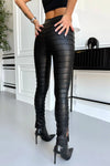 WOMEN’S RIBBED FAUX LEATHER SLIT LEGGINGS LINES — BLACK