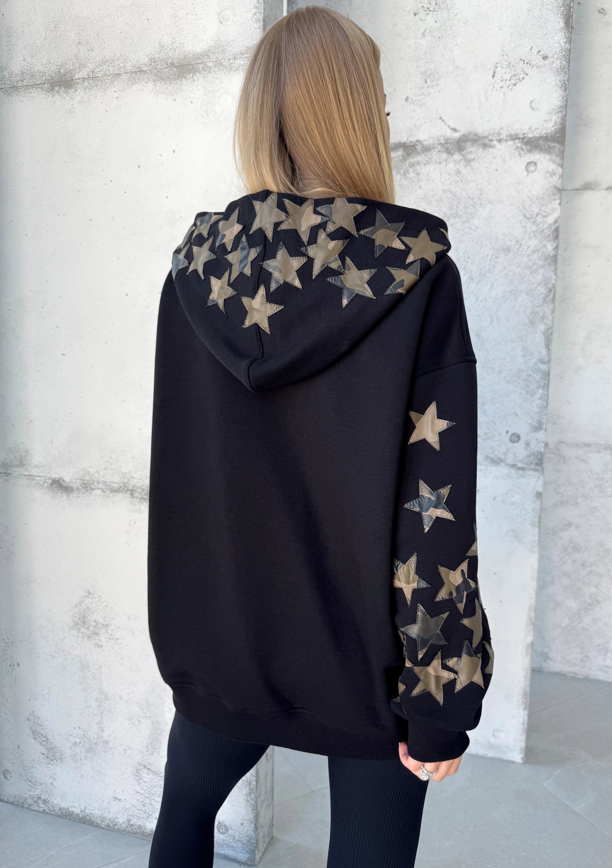 Women’s Hoodie — Black Leather Camouflage Stars